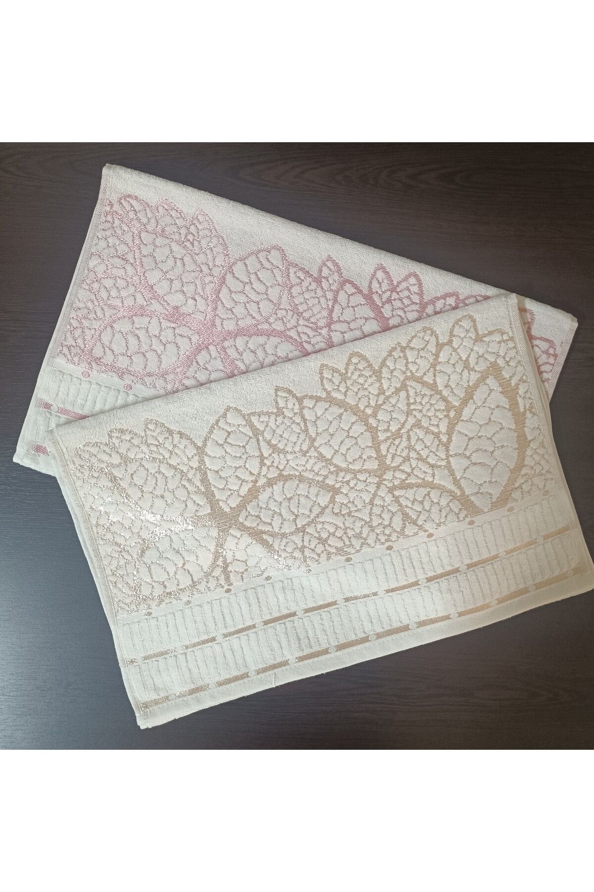 havloom 2 Li El Yüz Kadife Havlu Seti 50*90 Cm - Yaprak Desenli - %100 Pamuk Gold - Pudra