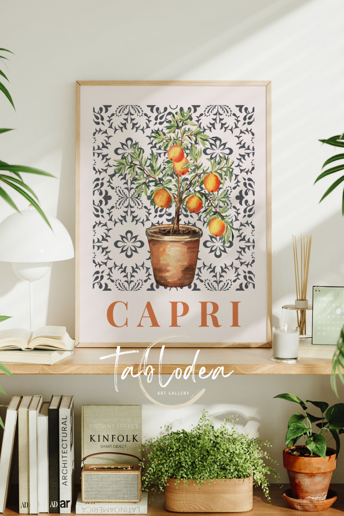 tablodea Narenciye Ağacı Dekoratif Modern Çerçeveli Poster Tablo, Bohem Seramik Desen Balkon Mutfak Tablosu
