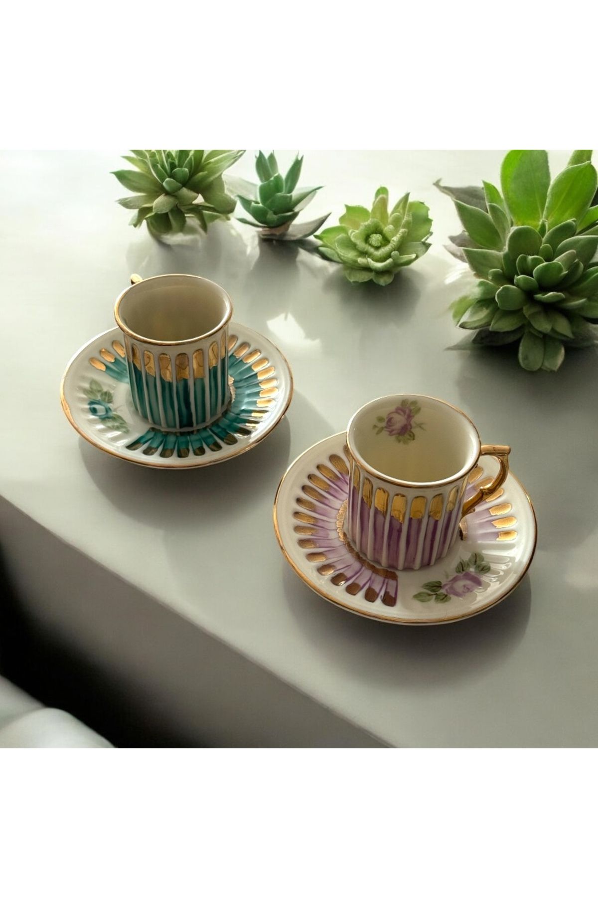 NADY STUDIO Bloom 2 kişilik El Yapımı Porselen 24K Altın İşlemeli Porselen Fincan Seti Handmade