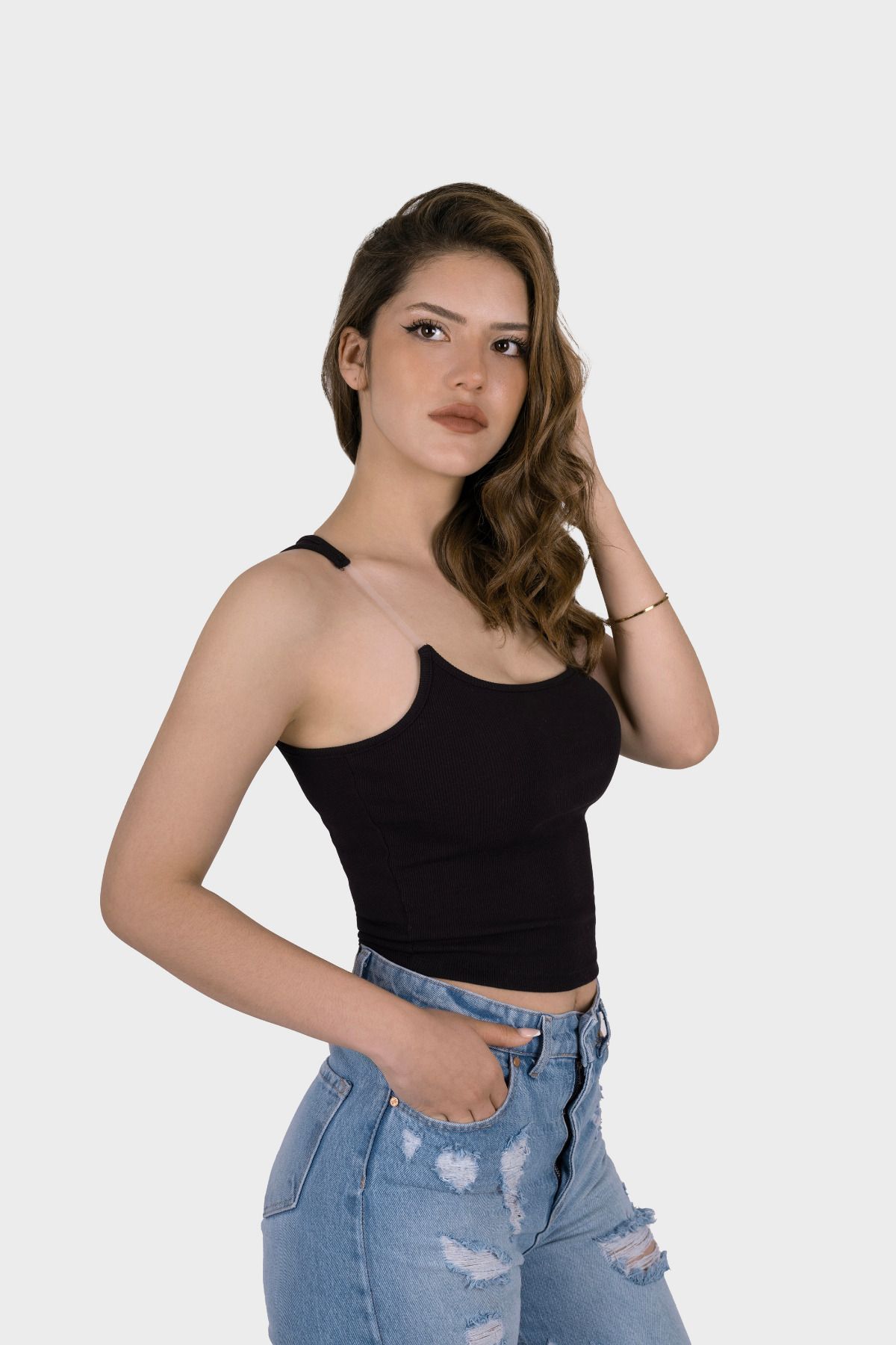Adisia Kadın Şeffaf Askılı Siyah Kaşkorse Yazlık Şık Body Crop