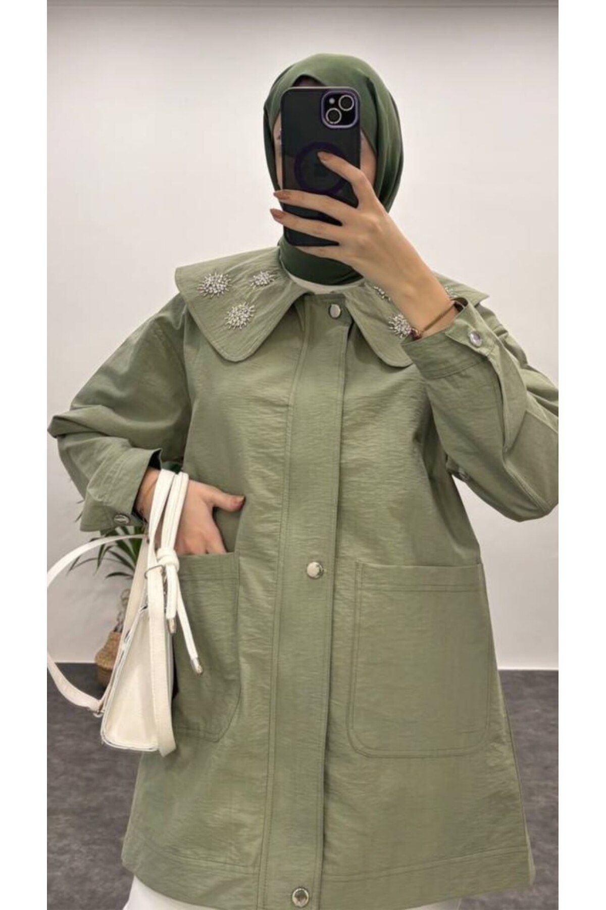 Suede Style 9246 - Yaka Elişi Boncuklu Rahat Şık Kadın Uzun Gömlek