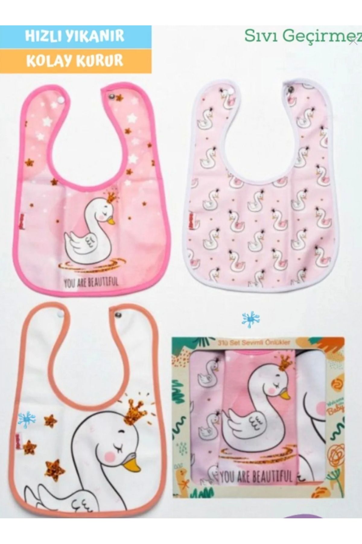 Baby Wings Genel Markalar 3 Adet Kuğu Desenli Bebek Mama - (Sıvı Geçirmez - Microfiber - Çıtçıtlı)