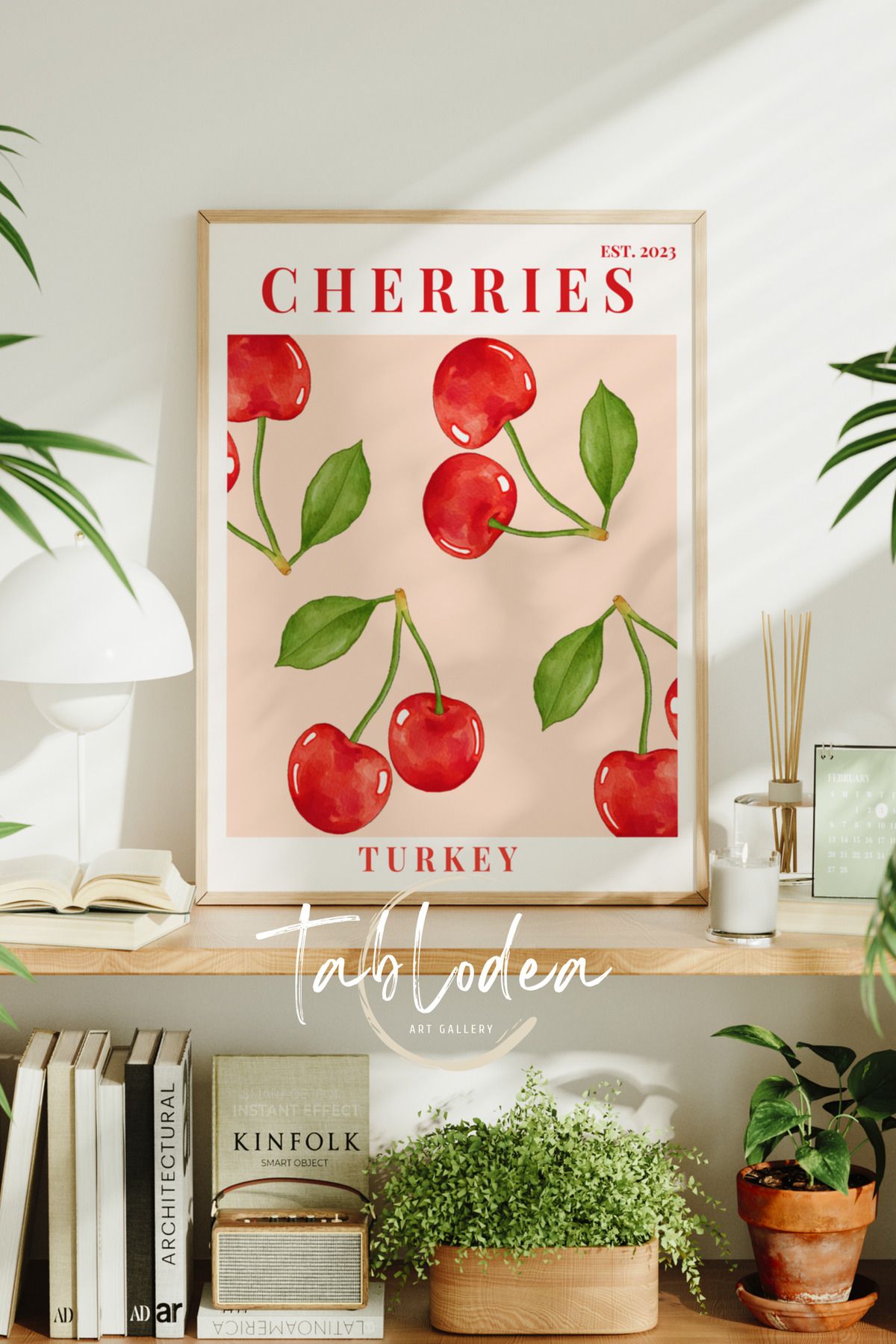 tablodea Kiraz Desenli Modern Mutfak Dekoru Çerçeveli Poster Tablo, Minimalist Dekoratif Bohem Mutfak Tablosu