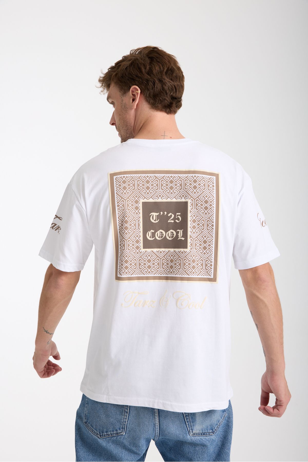 COOL TARZ Erkek Beyaz Cool Ön Ve Arka Baskılı Oversize Bisiklet Yaka T-Shirt