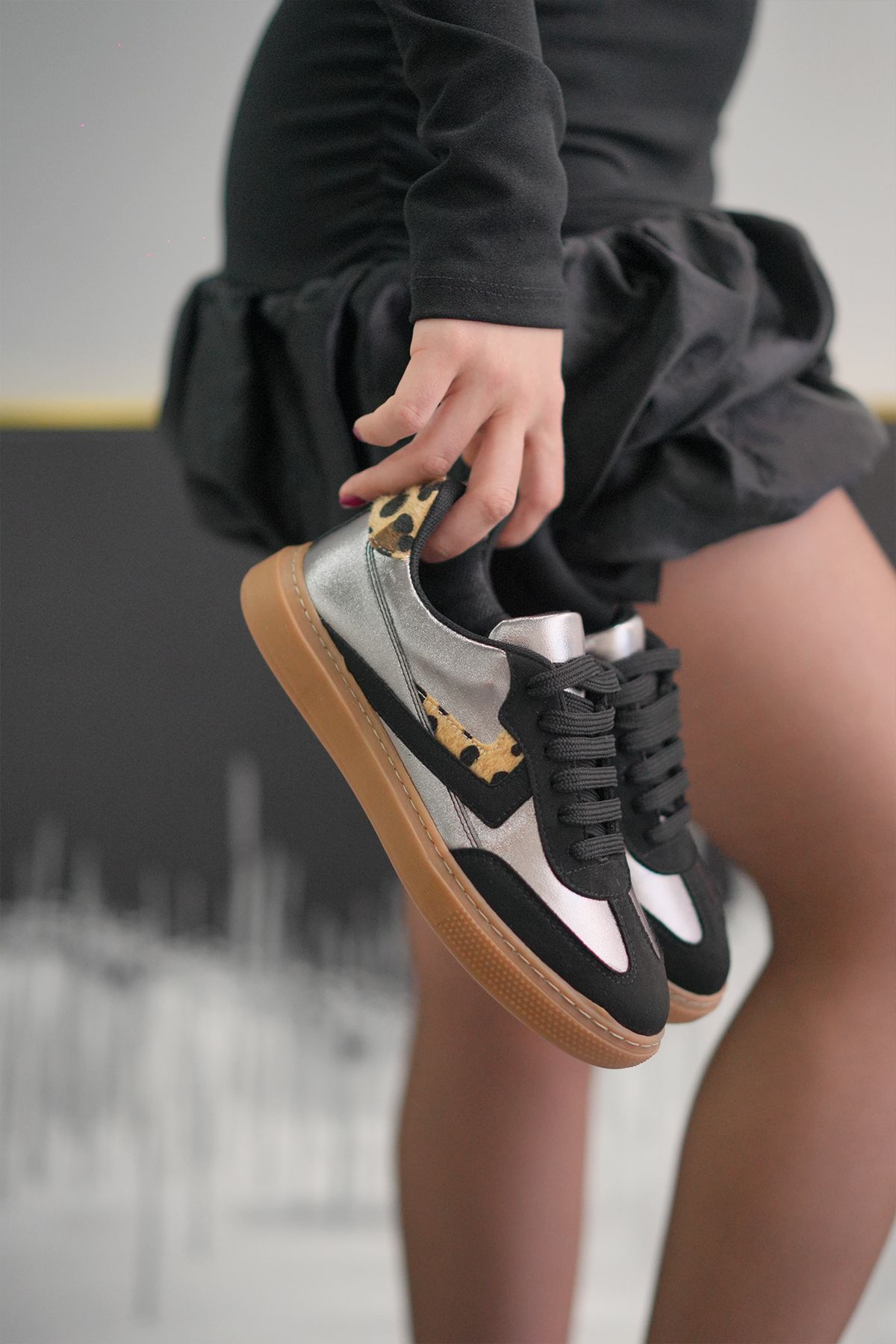 Elvin Shoe Kadın Siyah Leopar Gümüş Sneaker Günlük Spor Ayakkabı