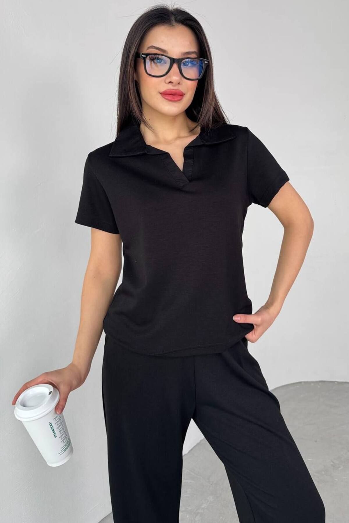 FIABAFASHİON fiabafashion Modal kumaş kadın polo yaka kısa kol pantolon takım