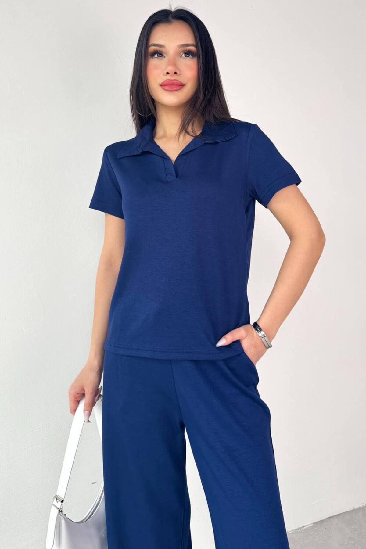 FIABAFASHİON fiabafashion Modal kumaş kadın polo yaka kısa kol pantolon takım