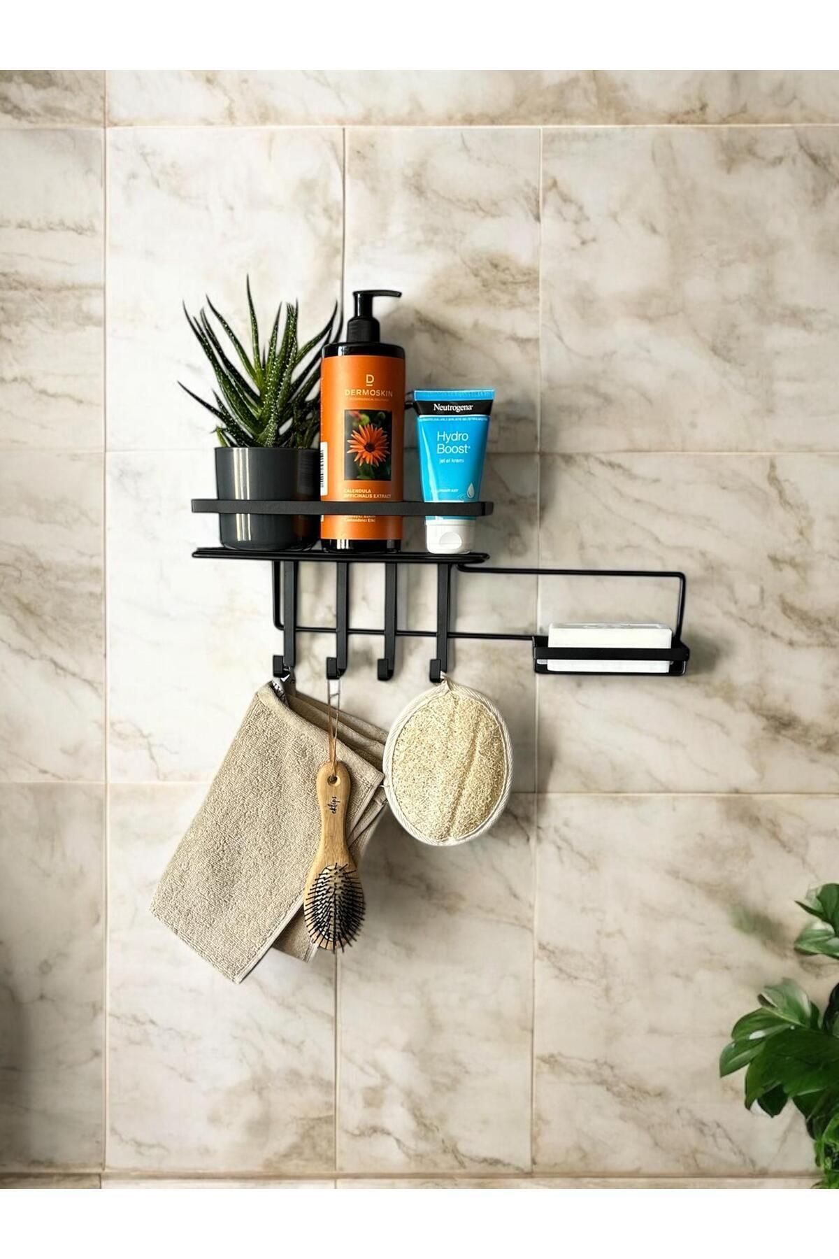 Magic Objects Yapışkanlı Banyo Düzenleyici - Kancalı Sabunluklu Mat Siyah Organizer