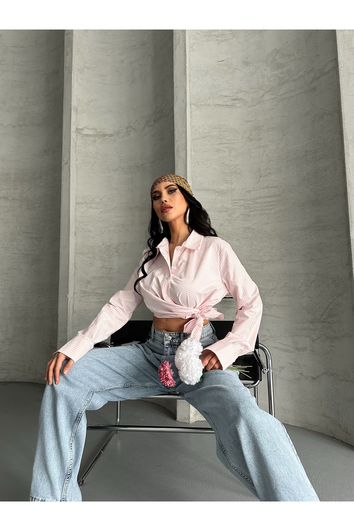 Moda İkra yandan bağlamalı çizgili poplin gömlek