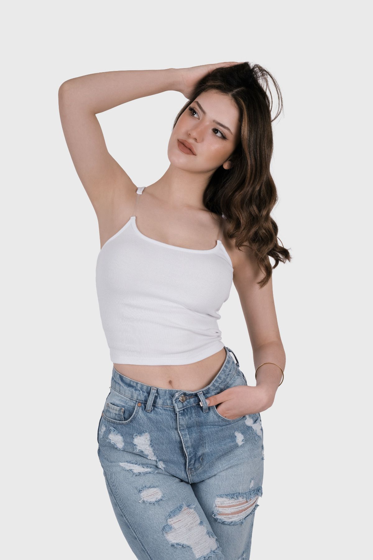 Adisia Kadın Şeffaf Askılı Beyaz Kaşkorse Yazlık Şık Body Crop