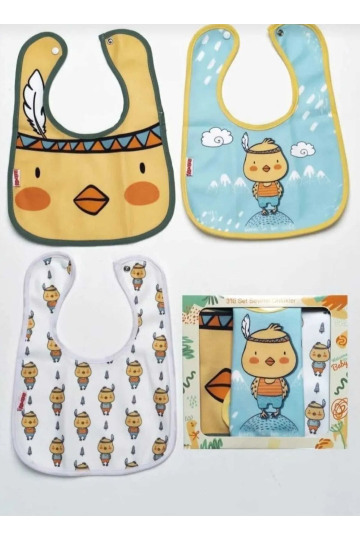 Baby Wings Genel Markalar 3'lü Civciv Temalı Microfiber %100 Pamuk Sıvı Geçirmez Mama Önlüğü Su Geçirmez Önlük
