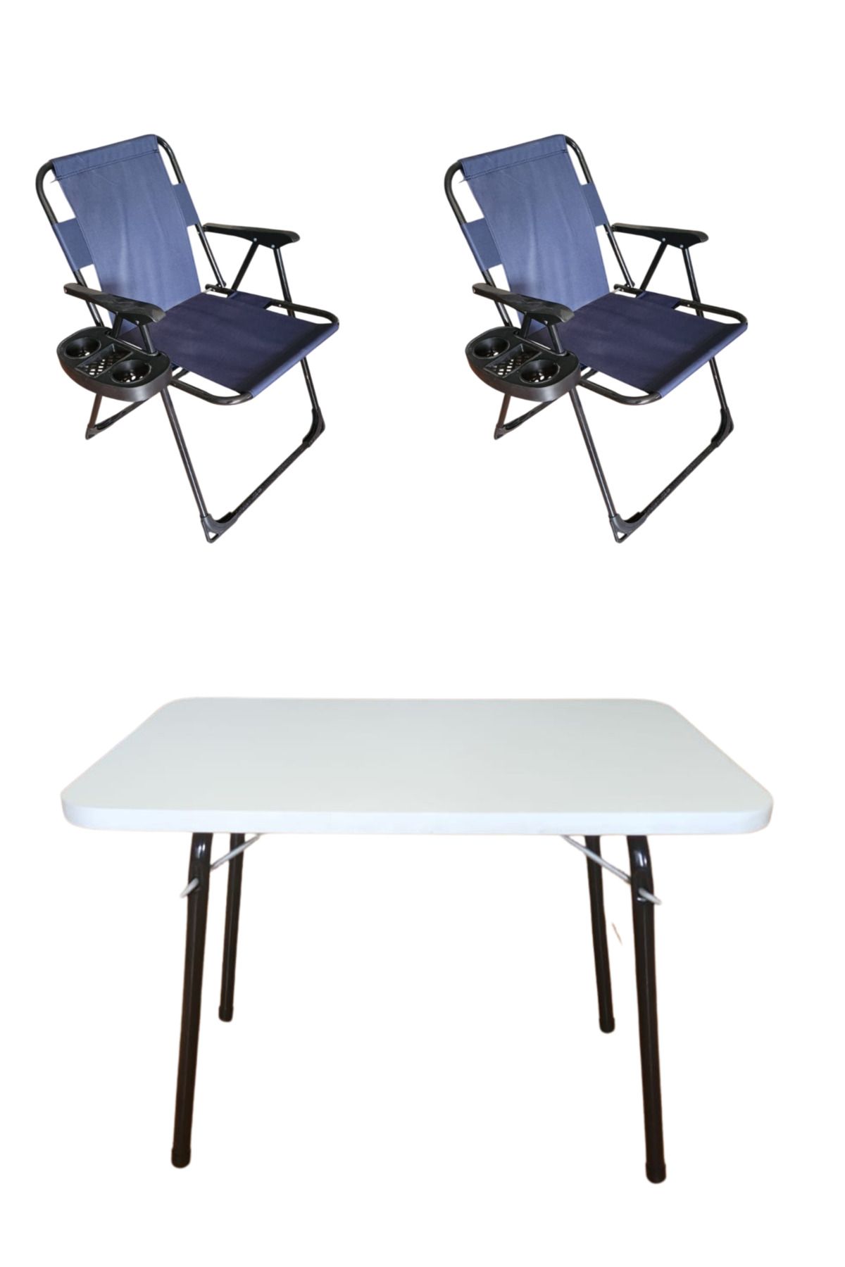 Tedarikcenter 2 Adet Lüks Plastik Kollu Bardaklıklı Katlanır Kamp Sandalyesi ve 1Adet 60x45 Cm Katlanır Beyaz Masa