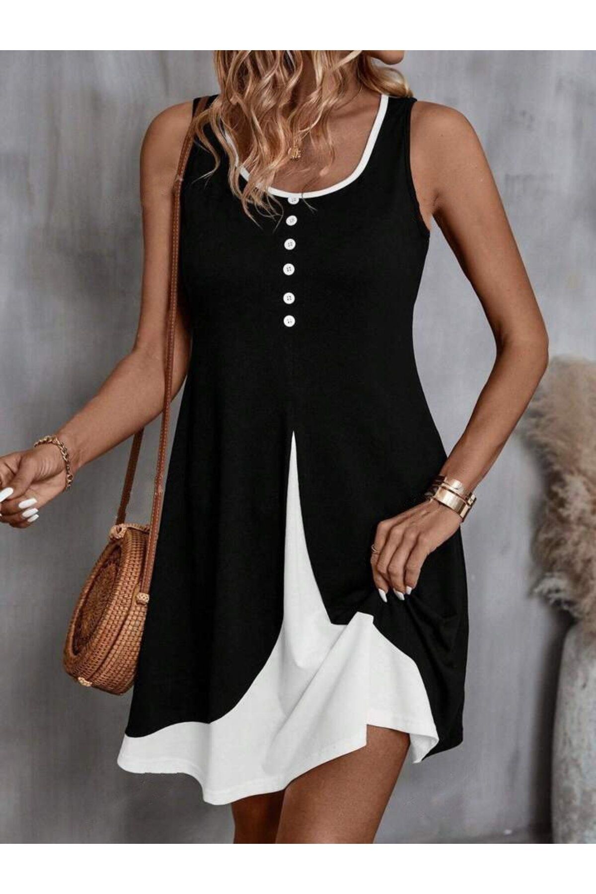 velmorafashion Kadın Askılı Yuvarlak Yaka önden Düğmeli çift Renkli Viskon Elbise