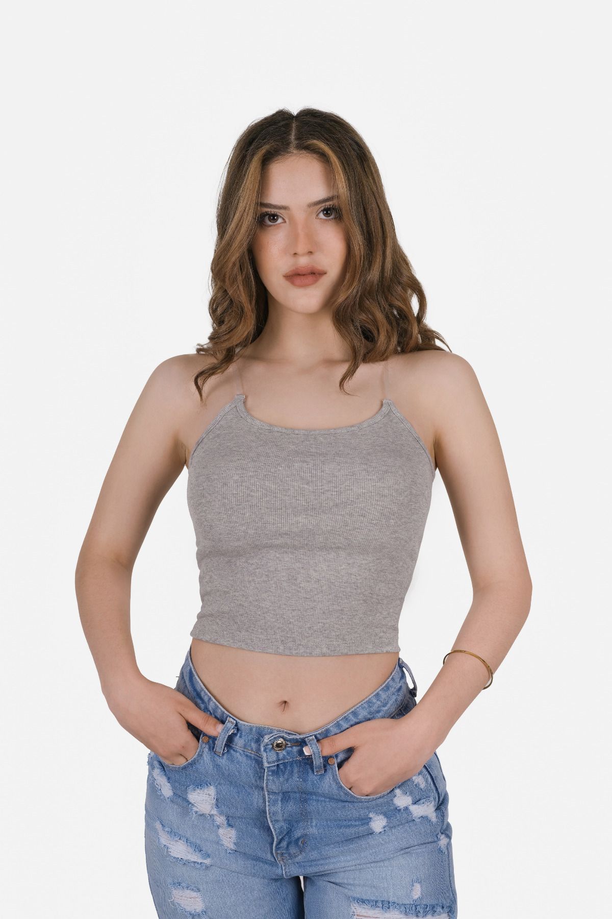 Adisia Kadın Şeffaf Askılı Gri Kaşkorse Yazlık Şık Body Crop