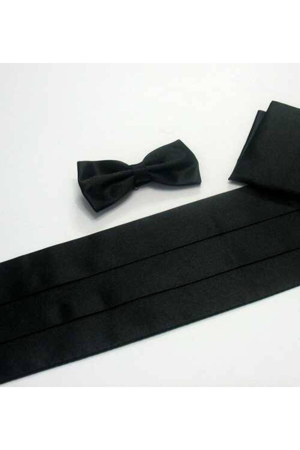Gaffy Siyah Düz Renk Damatlık Kuşak Papyon Mendil Saten Takım Set - KP-08