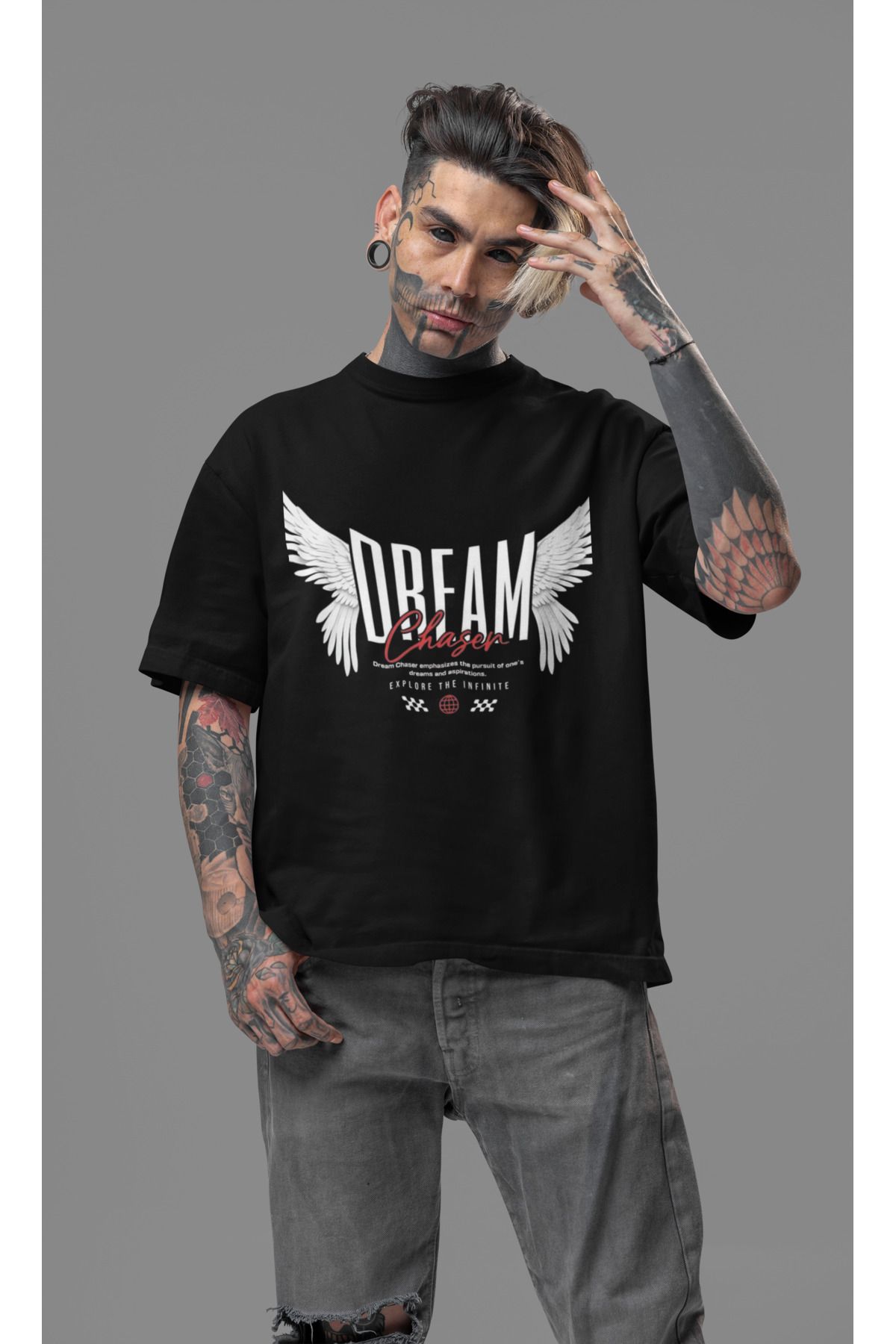 MAGORS DREAM BASKILI BİSİKLET YAKA PAMUKLU OVERSIZE KALIP KISA KOLLU ERKEK TSHIRT