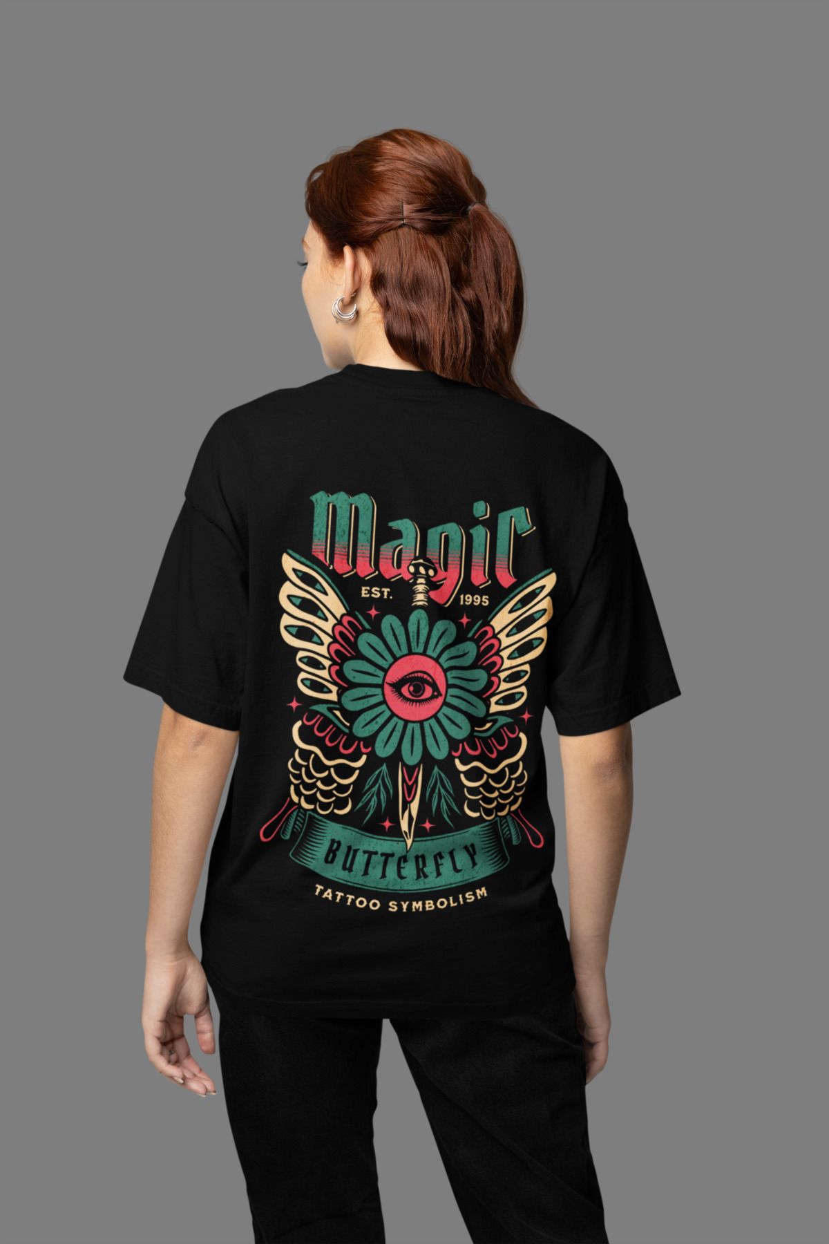 MAGORS MAGIC BUTTERFLY SIRT BASKILI BİSİKLET YAKA PAMUKLU OVERSIZE KALIP KISA KOLLU KADIN TSHIRT