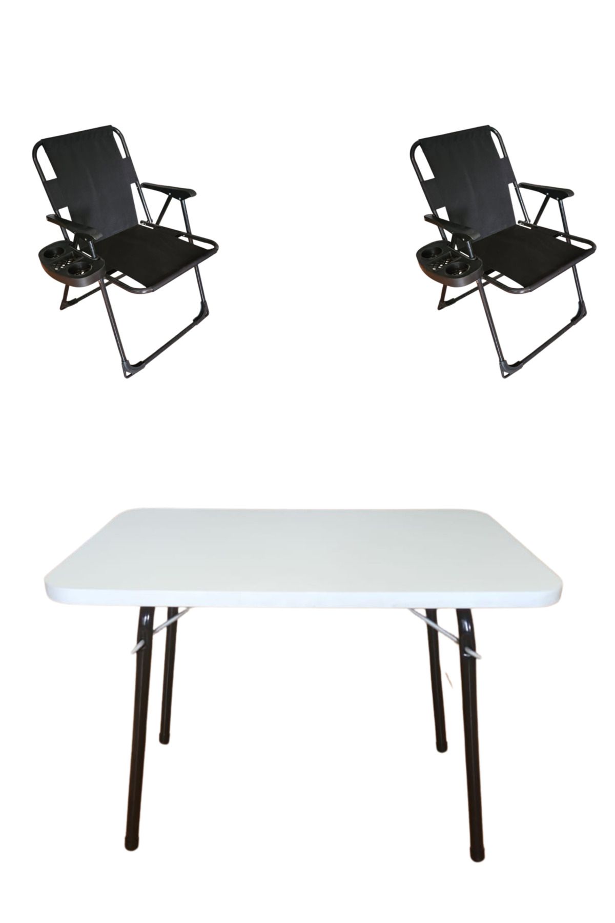 bodygym 2 Adet Lüks Plastik Kollu Bardaklıklı Katlanır Kamp Sandalyesi ve 1Adet 60x45 Cm Katlanır Beyaz Masa