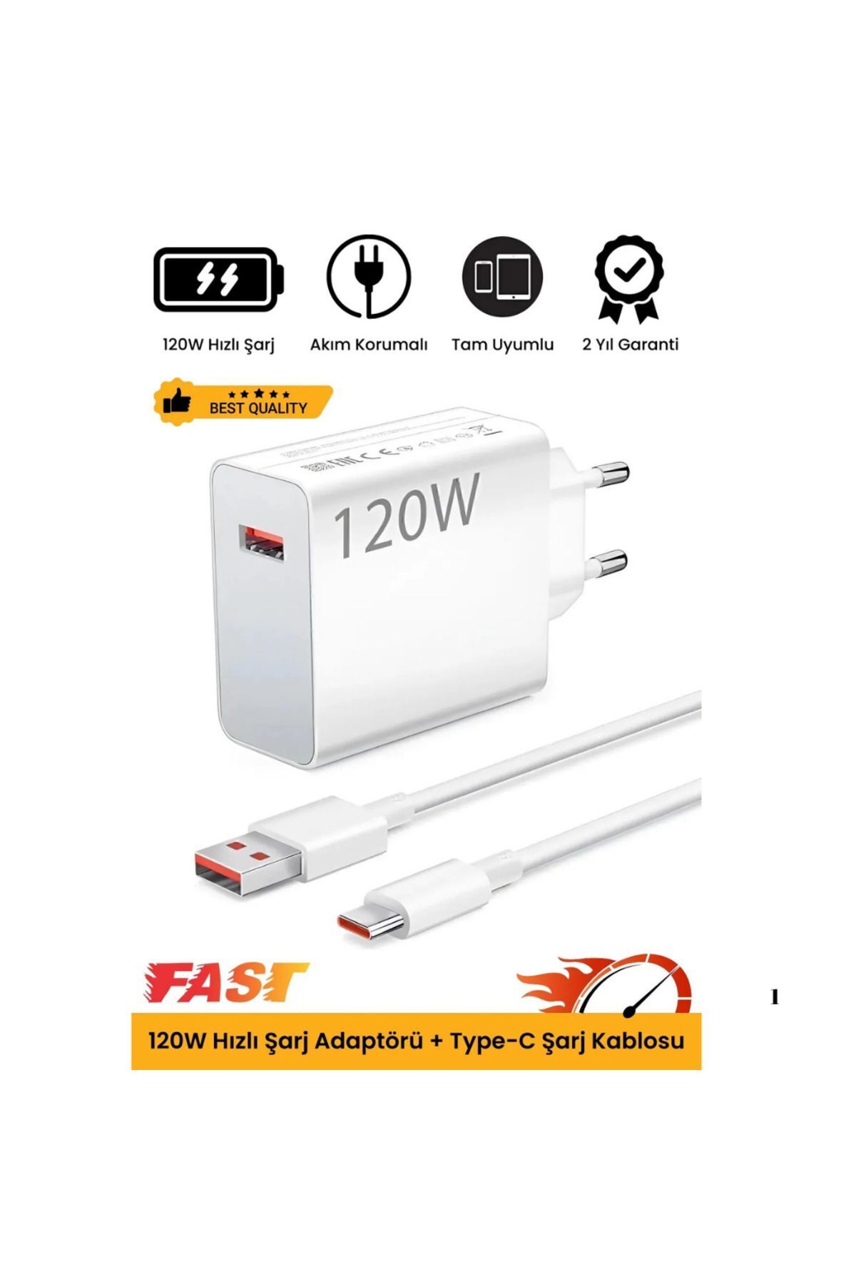 EN SİGA 120W Turbo Ultra Hızlı Akım Korumalı Şarj Aleti USB- Type-C Kablo ve Adaptör Şarj Seti