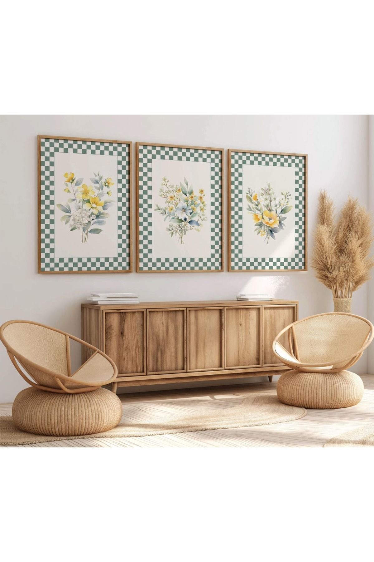 Dekorsiahome 3 Parça Ahşap Çerçeveli Oturma Odası Salon Mutfak Tablo Seti SET3167