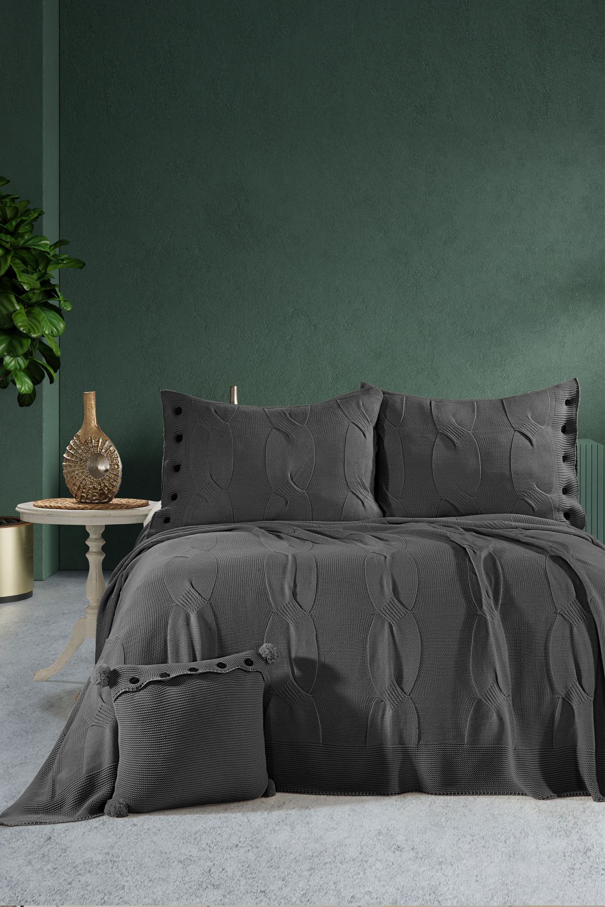 DOUX HOME Calve Çift Kişilik Triko Yatak Örtüsü Seti 240 x 260 cm Antrasit