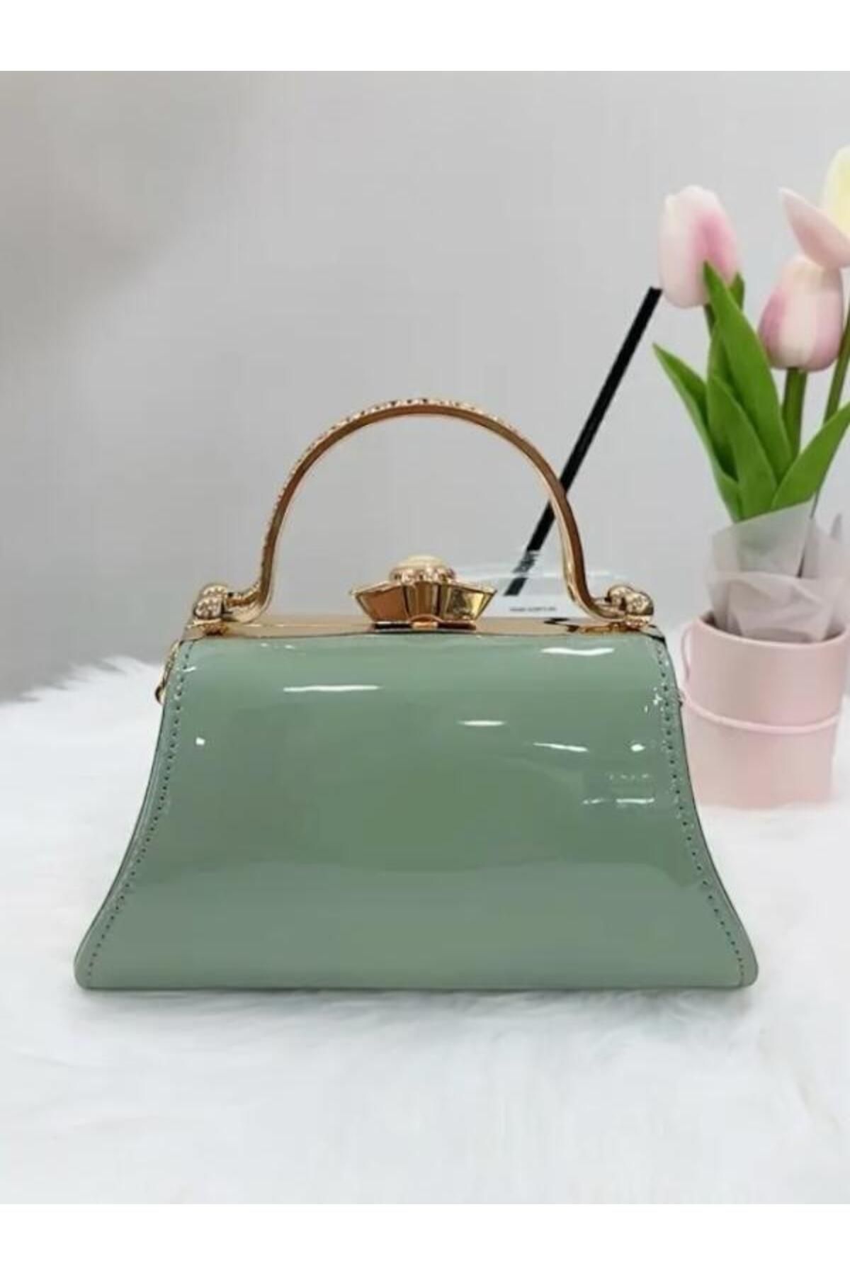 Mialos Heart Taşlı Rhinestone Süsleme El Çantası Akşam Çantası Şık Zarif Elegant PU Satchel Rugan Omuz Çantası