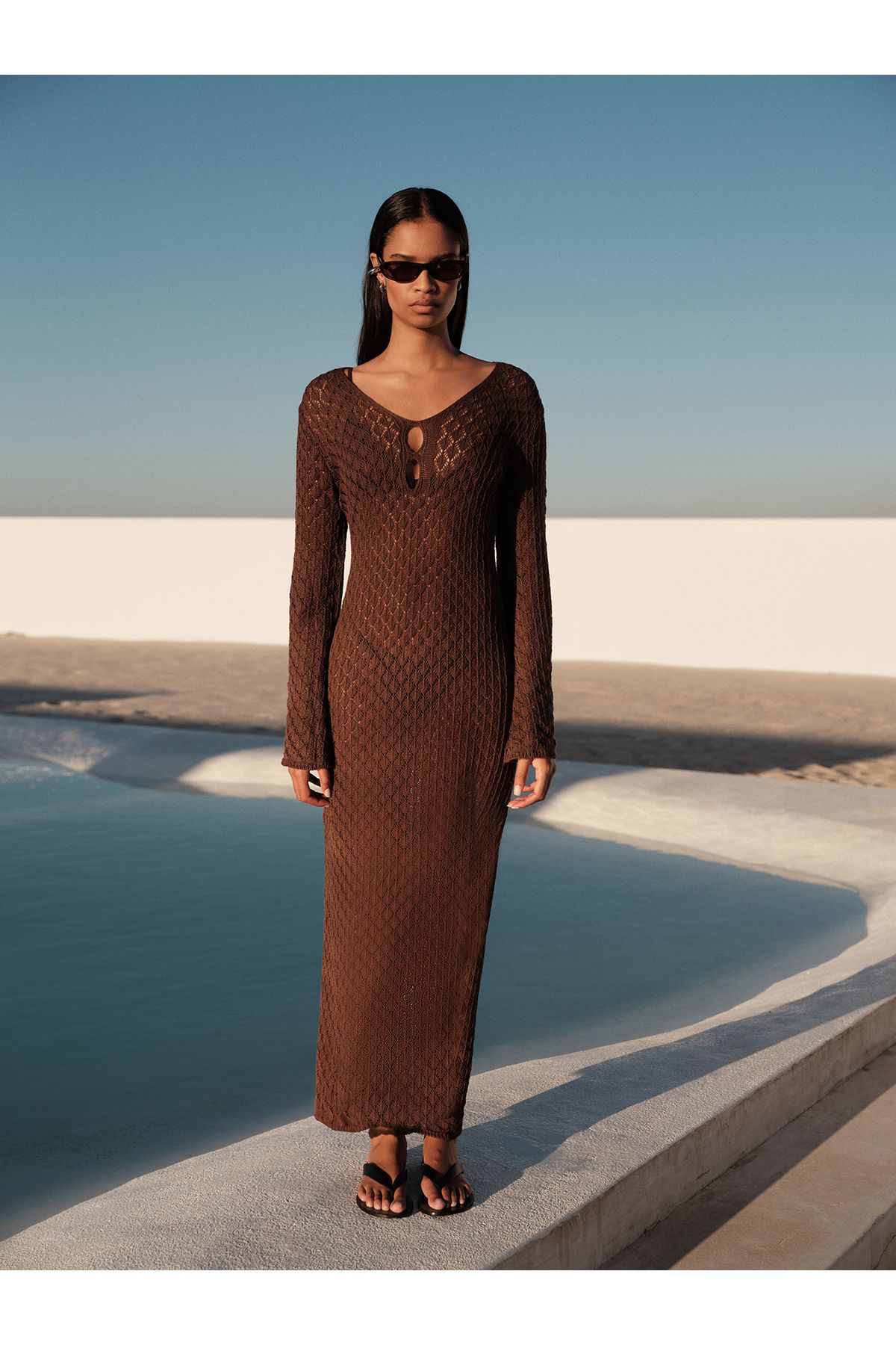 mathilda store Kadın Acı Kahve Eliza V yaka Beachwear Elbise