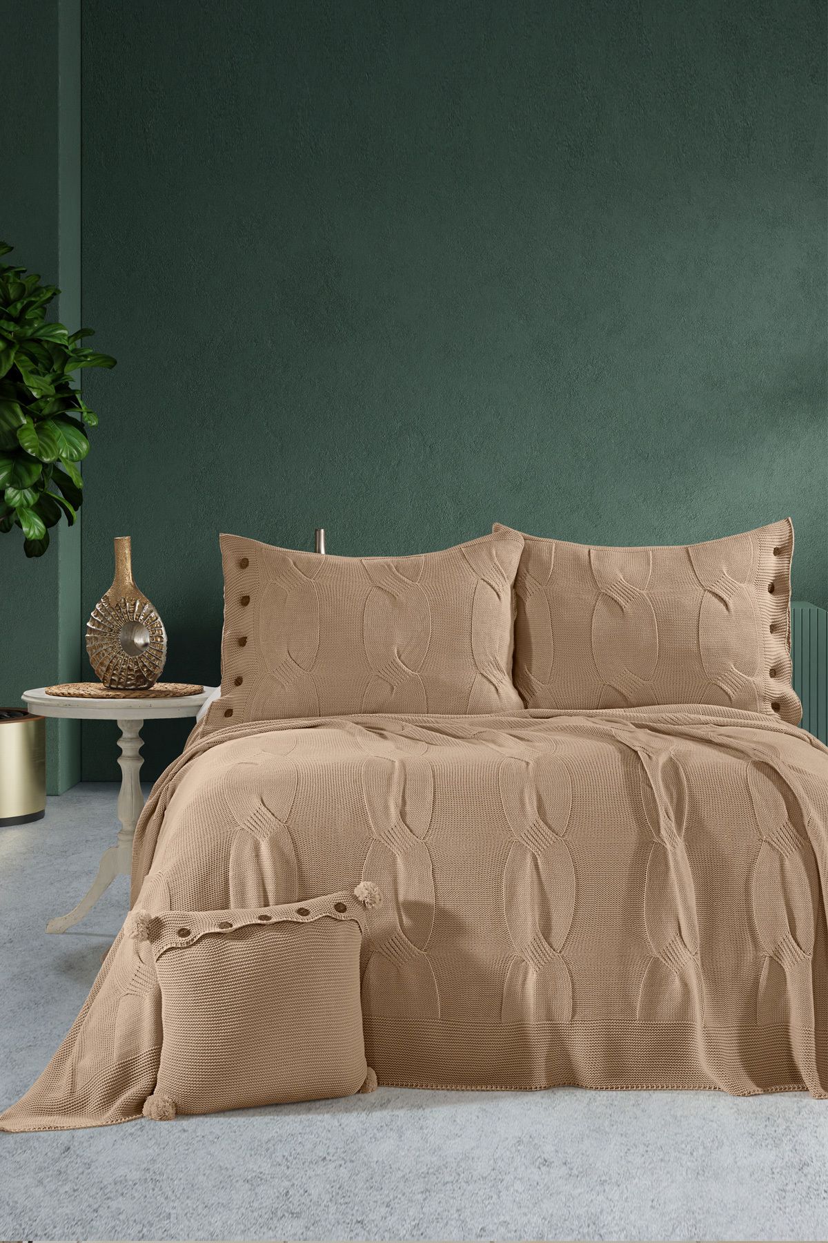 DOUX HOME Calve Çift Kişilik Triko Yatak Örtüsü Seti 240 x 260 cm Bisküvi