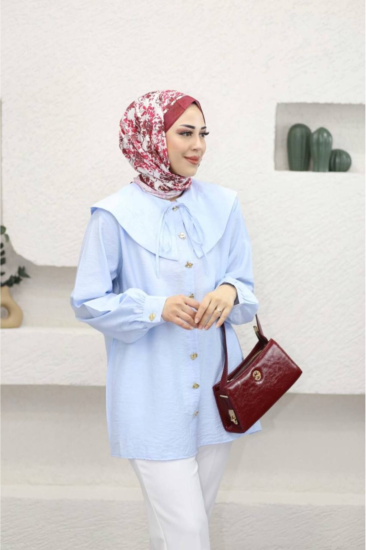 Suede Style 10072 - İplik Bağlamalı Bebe Yaka Kadın Uzun Gömlek