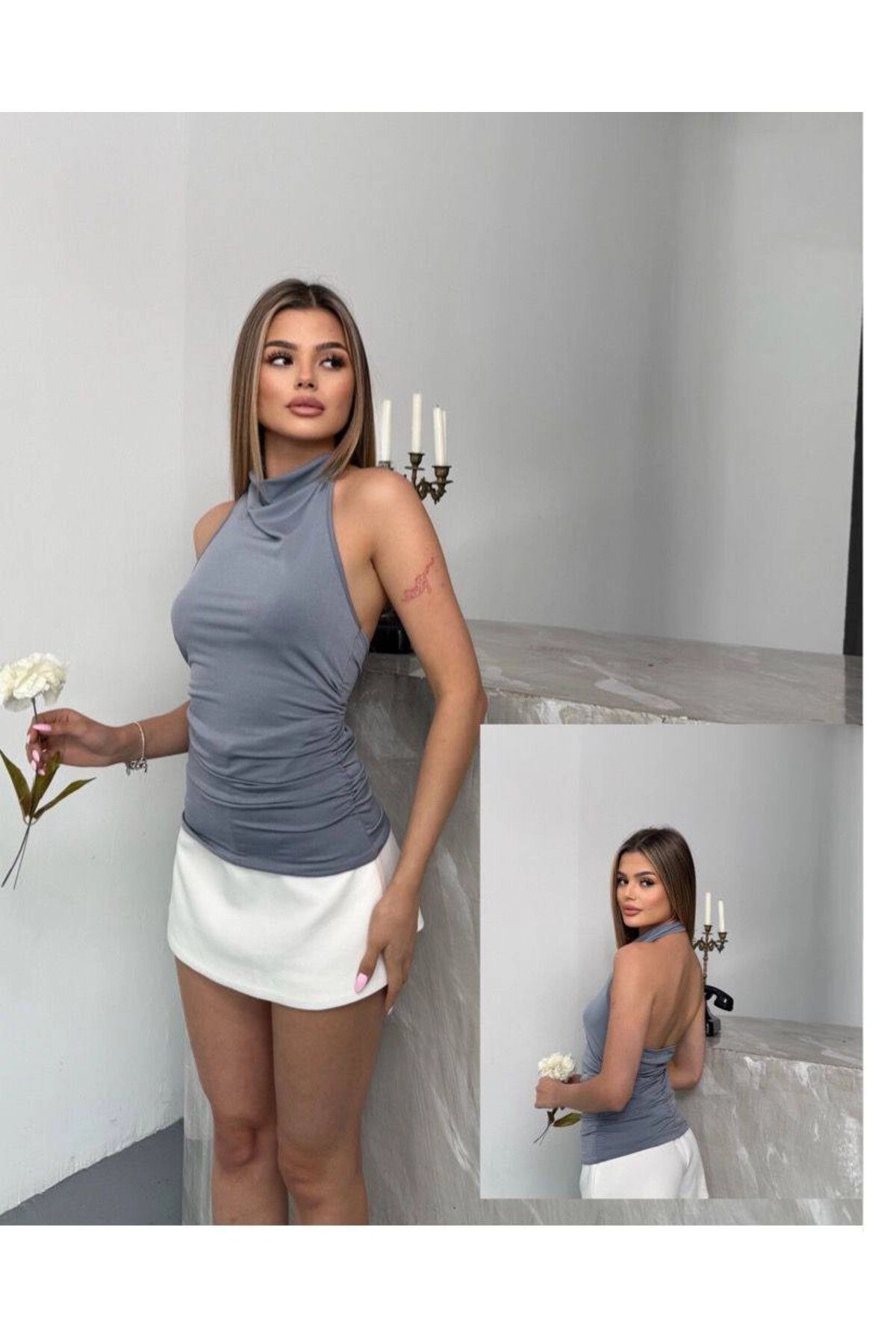 hazelin Kadın Gri Halter Yaka Sırtı Açık Sandy Bluz HZL25S-FRY123141