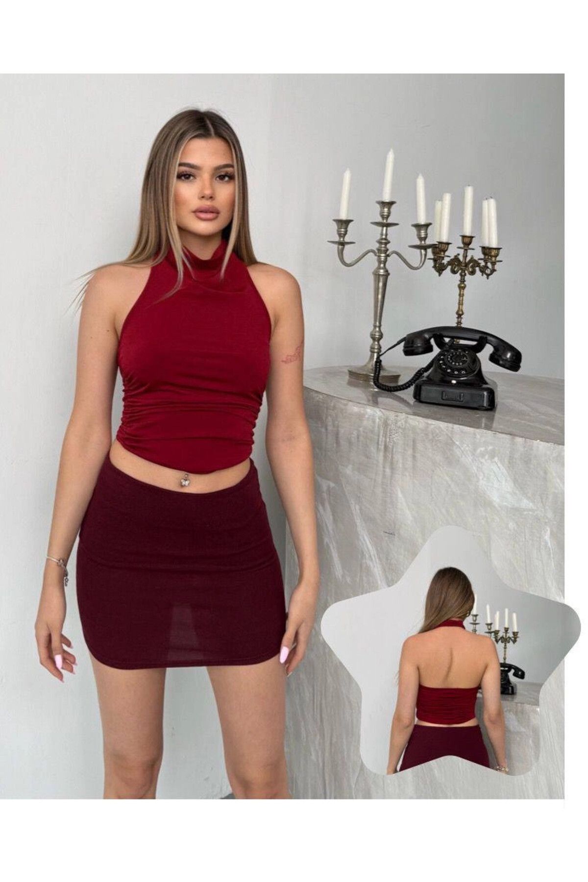 hazelin Kadın Bordo Halter Yaka Sırtı Açık Sandy Bluz HZL25S-FRY123141