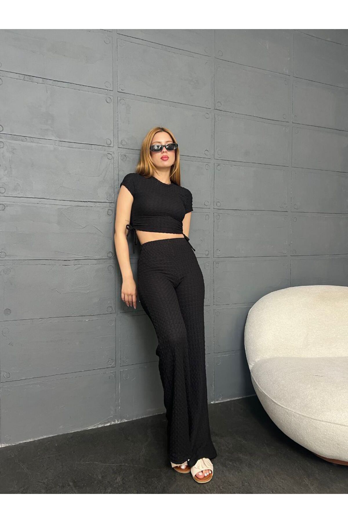 eBaa fashıon YANI BÜZGÜLÜ PANTOLON BLUZ GAGARİ ALT ÜST TAKIM
