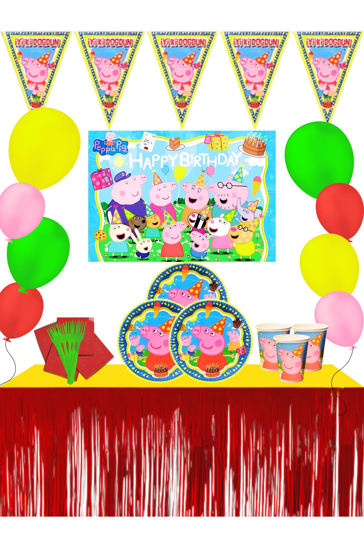 snowparty Peppa Ve George Afişli Metalize Masa Etekli Peppa Pig Doğum Günü Parti Malzemeleri Süsleri Seti