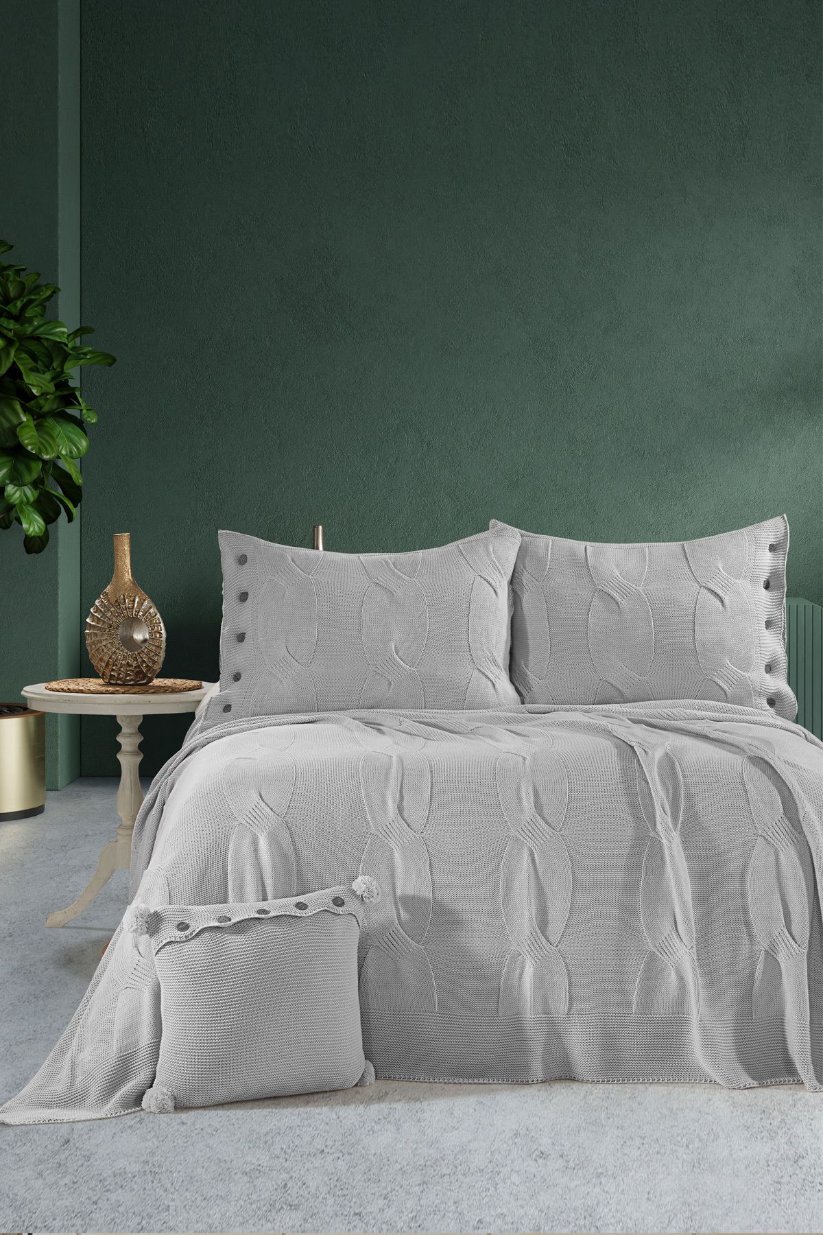 DOUX HOME Calve Çift Kişilik Triko Yatak Örtüsü Seti 240 x 260 cm Gri