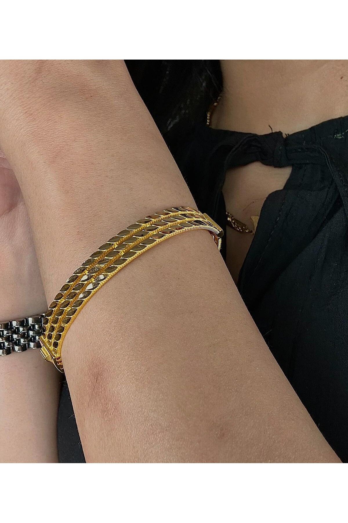 NEW'ORO JEWELRY 3'LÜ PULLU ALTIN BİLEZİK