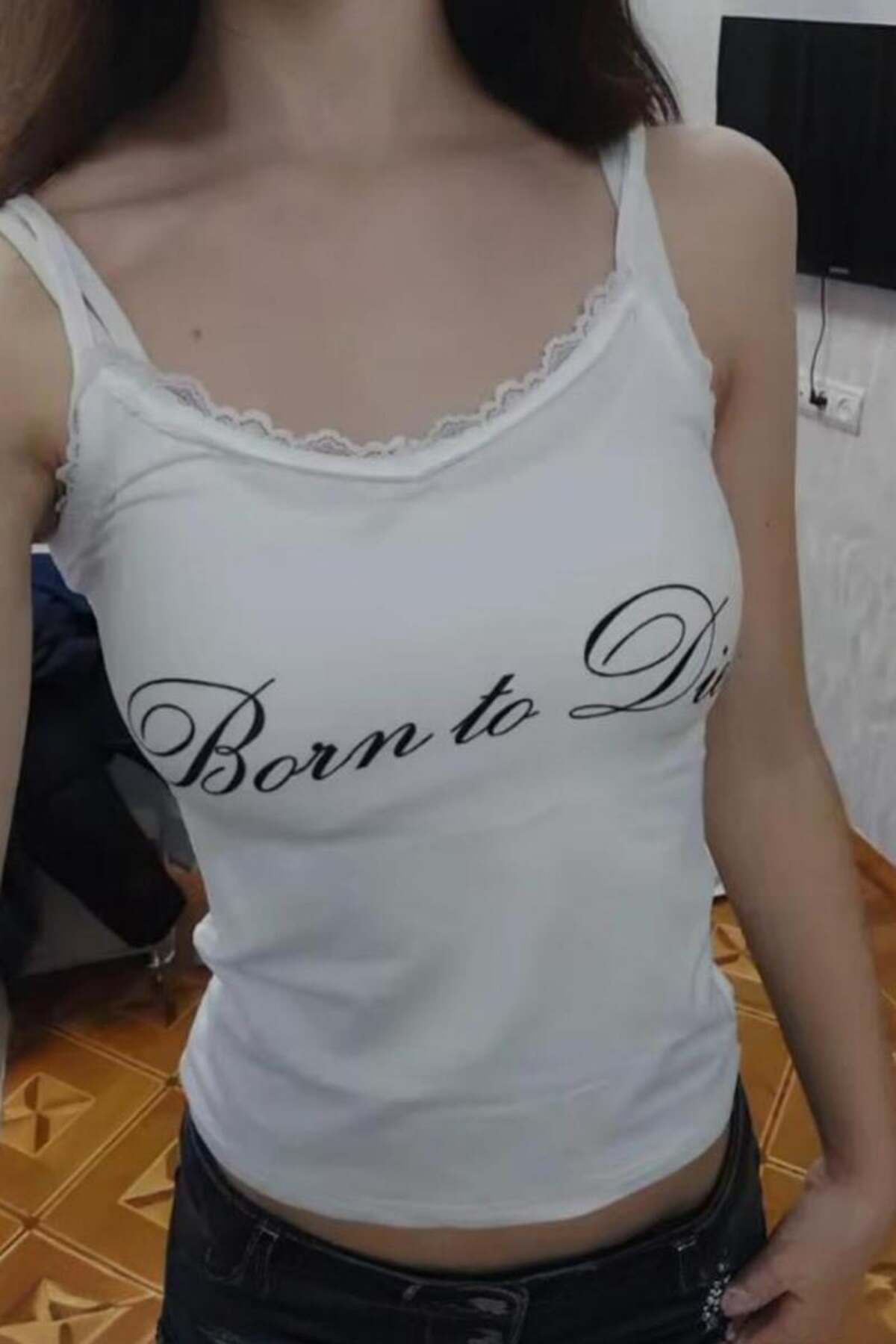 BALİNA Ekru Lana Del Rey Born To Die Askılı Crop