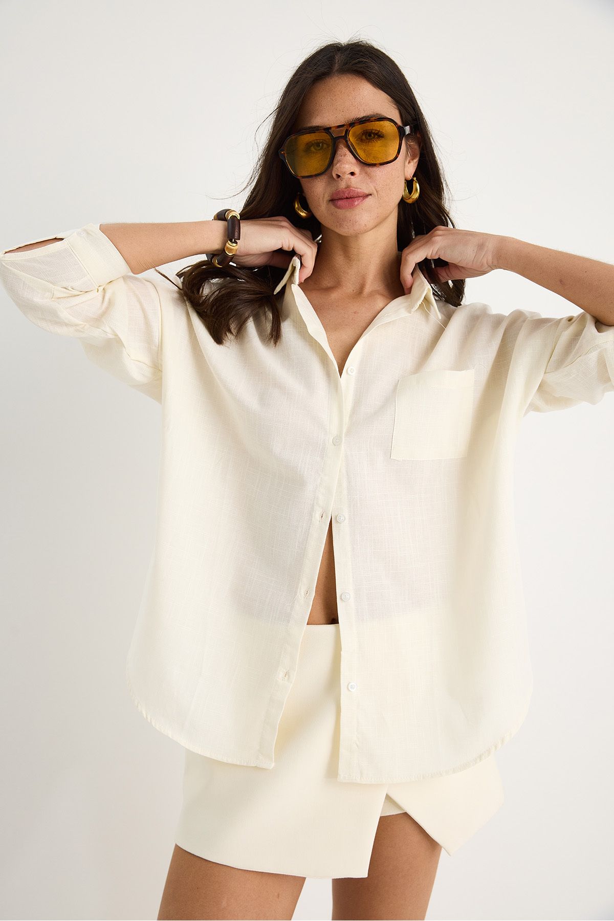 Bianco Lucci-Koszula lniana damska oversize z jedną kieszenią 25626 60284054 4