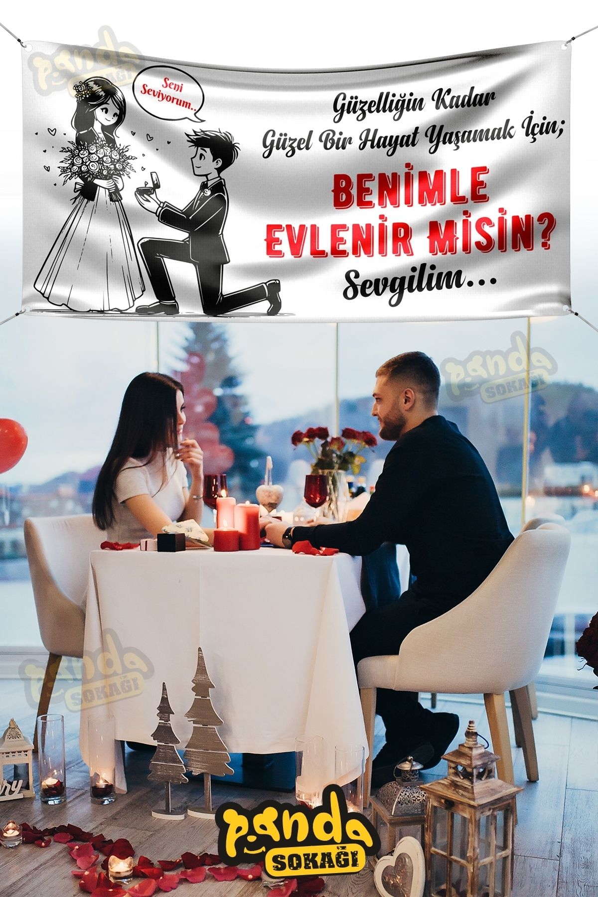 PANDA SOKAĞI Evlilik Teklifi Pankartı, Benimle Evlenir Misin Pankartı, Özel Gün Pankart, Evlilik Teklifi 200x100