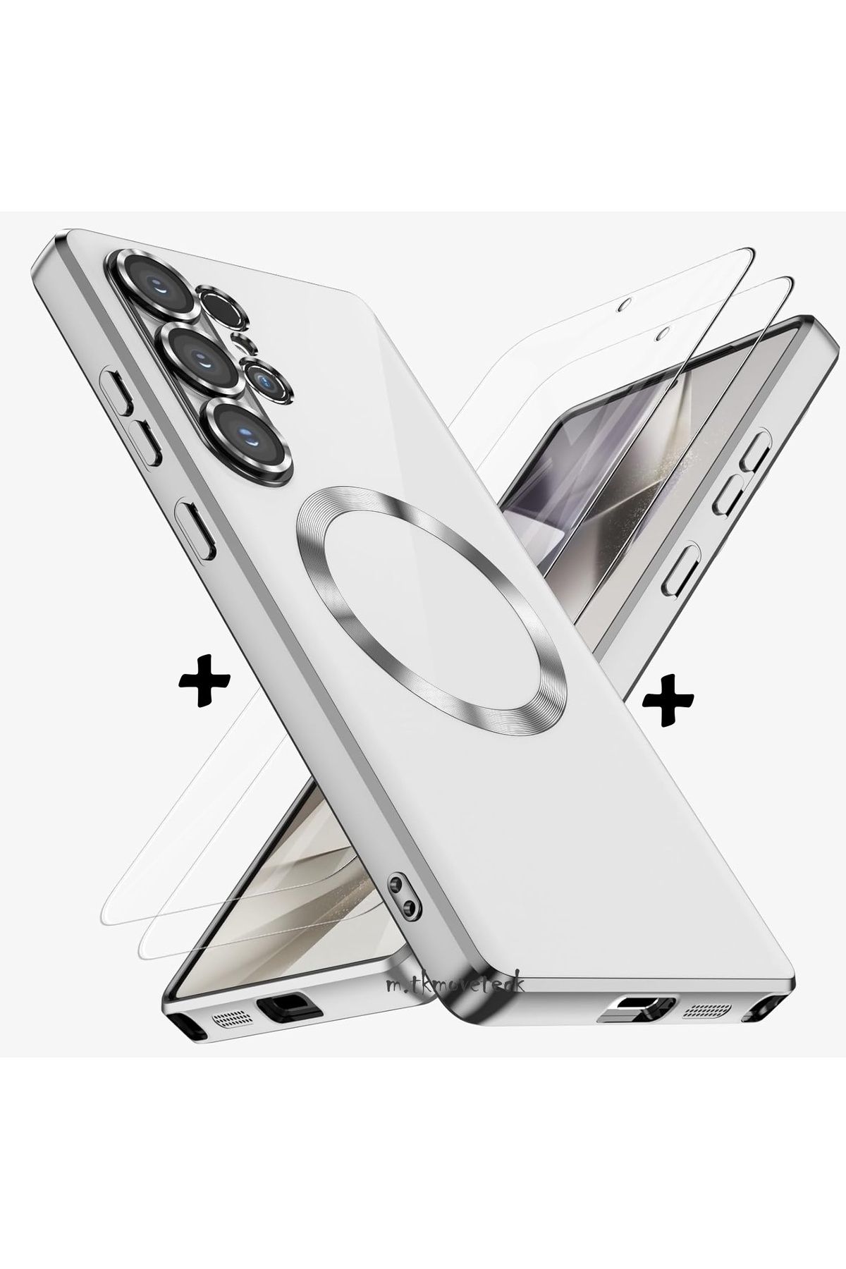 m.tk moveteck Samsung Galaxy S22 Ultra Kılıf Magsafe Renkli Kenarlı Arkası Şeffaf Silikon + Ekran Koruyucu Cam Set