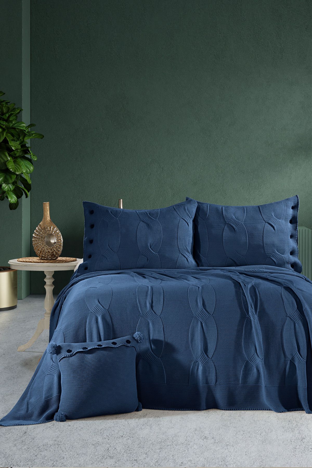 DOUX HOME Calve Çift Kişilik Triko Yatak Örtüsü Seti 240 x 260 cm İndigo