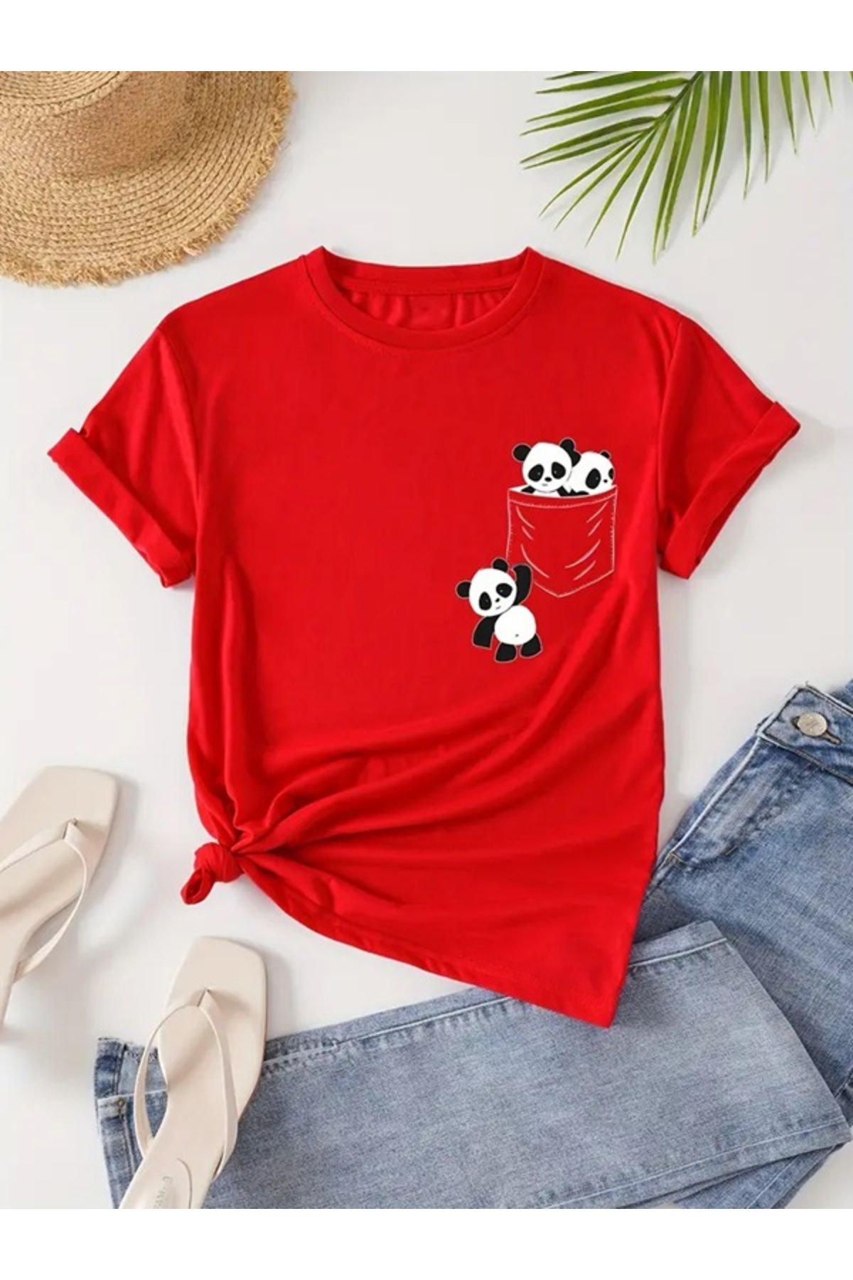 EXPECTED Unisex Sevimli Pandalar Baskılı Pamuklu, Oversize, Şık, Günlük T-shirt