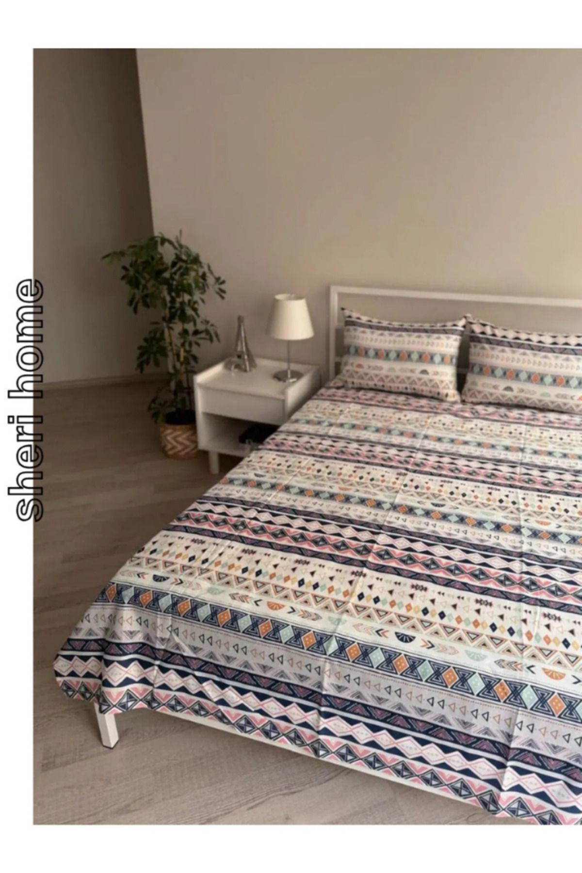 Sheri Home Tekstil Çift Kişilik Mavi Pramit Lastiksiz Çarşaf Ve 2 Adet Yastık Kılıfı