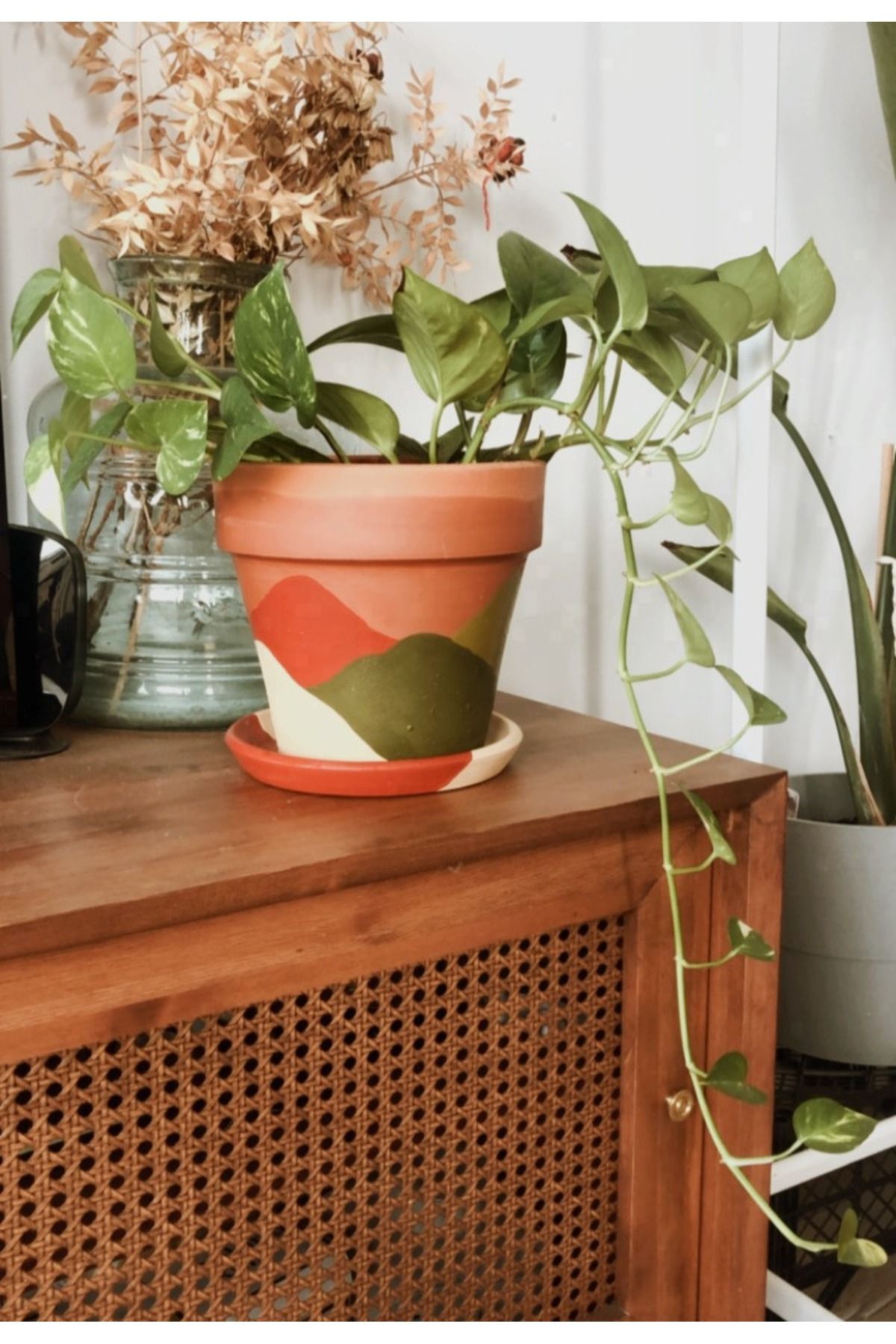 zef design store Terracotta Konik Saksı+Tabak • Abstract No.03 • 3 Farklı Boy Seçeneğiyle (Küçük Orta Büyük)