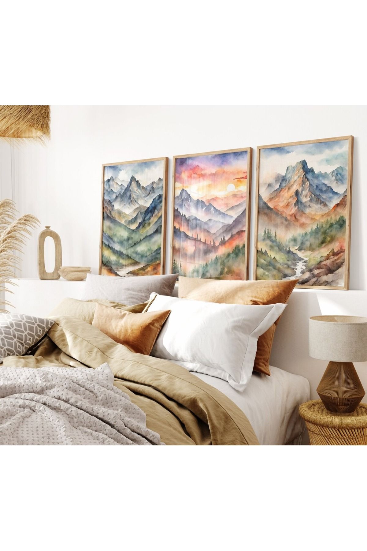 Dekorsiahome 3 Parça Ahşap Çerçeveli Oturma Odası Salon Mutfak Tablo Seti SET3251