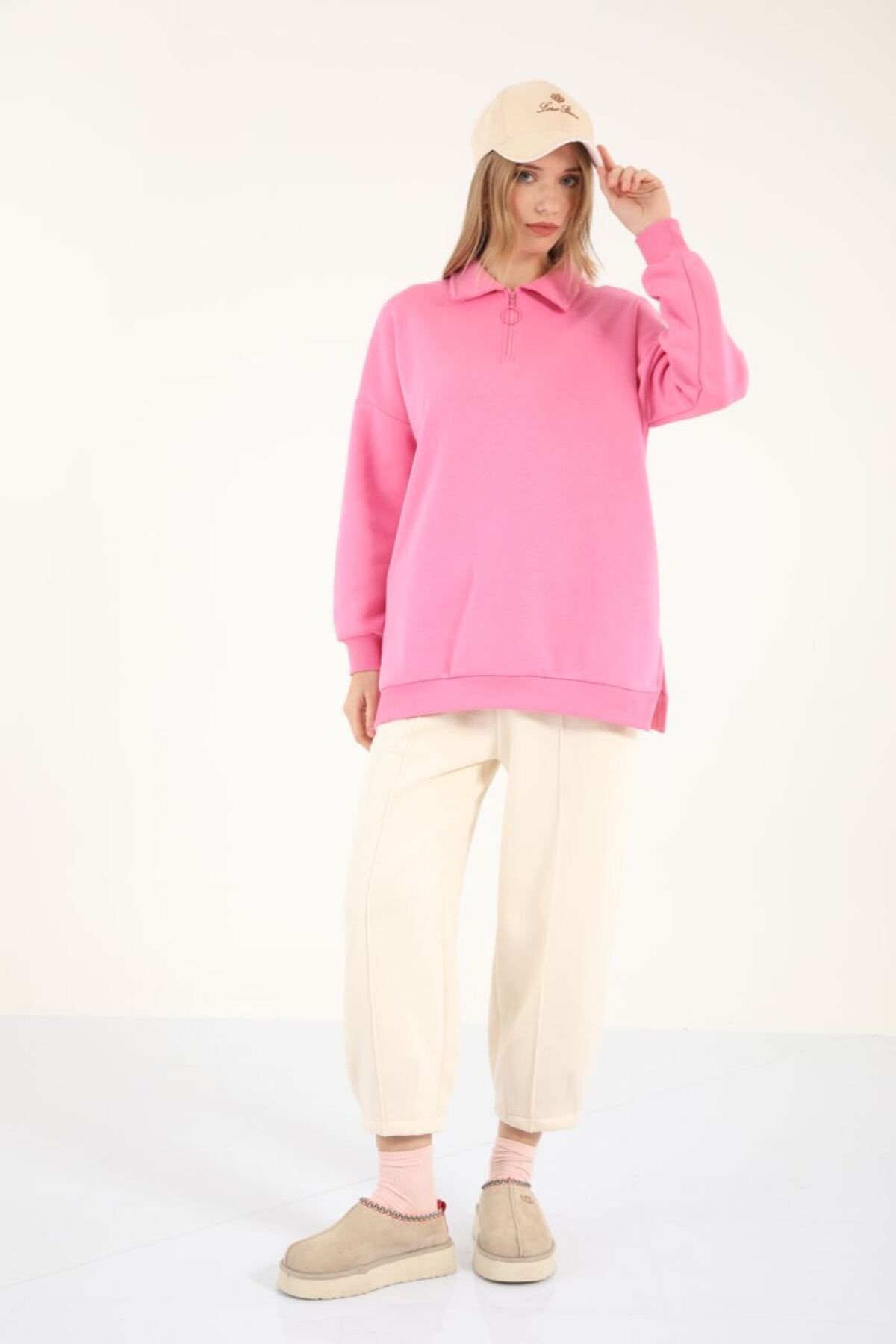 Suede Style 5409 - 3 İplik Rahat Önü Fermuarlı Kadın Uzun Sweatshirt