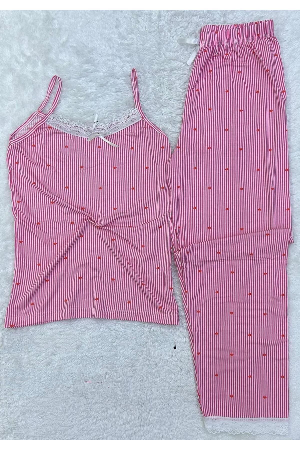 XORVİO Kadın Pamuk Ip Askılı Gecelik Pijama Takım Dantel Detaylı Şık Yazlık Yumuşacık Pembe