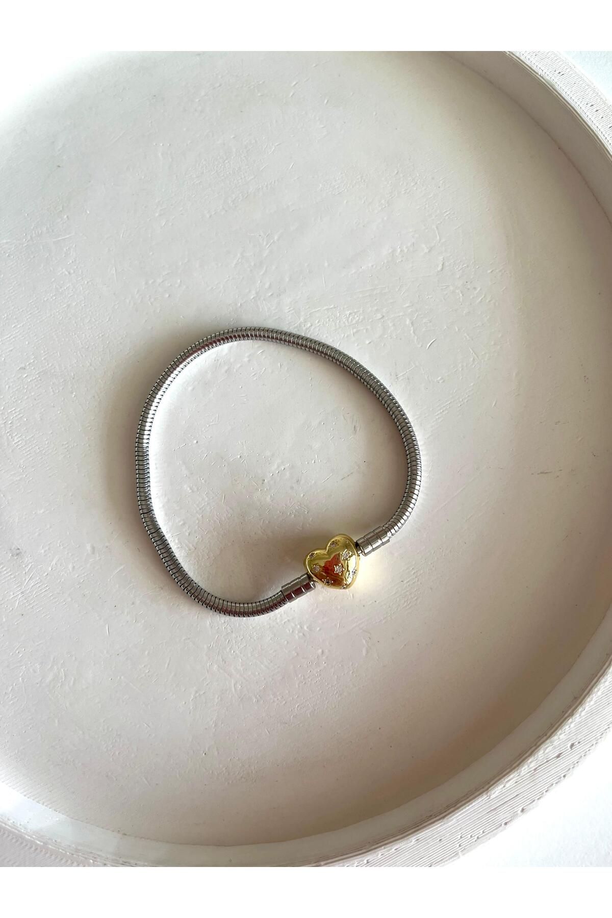 stainless steell Gold-Gümüş Kalpli Çelik Pandora,b Bileklik
