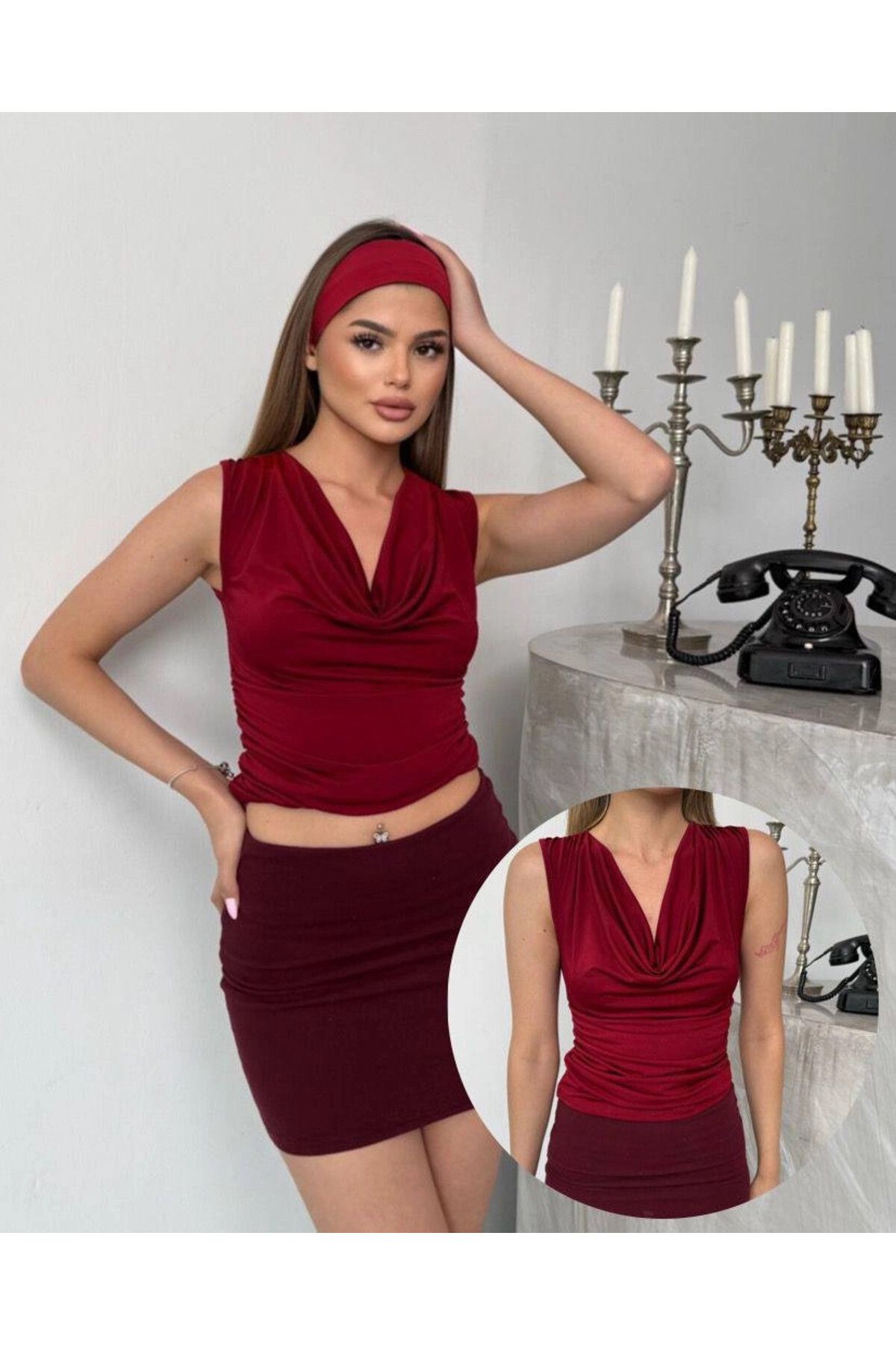 hazelin Kadın Bordo Degaje Yaka Yanlardan Drapeli Sandy Bluz HZL25S-FRY123131