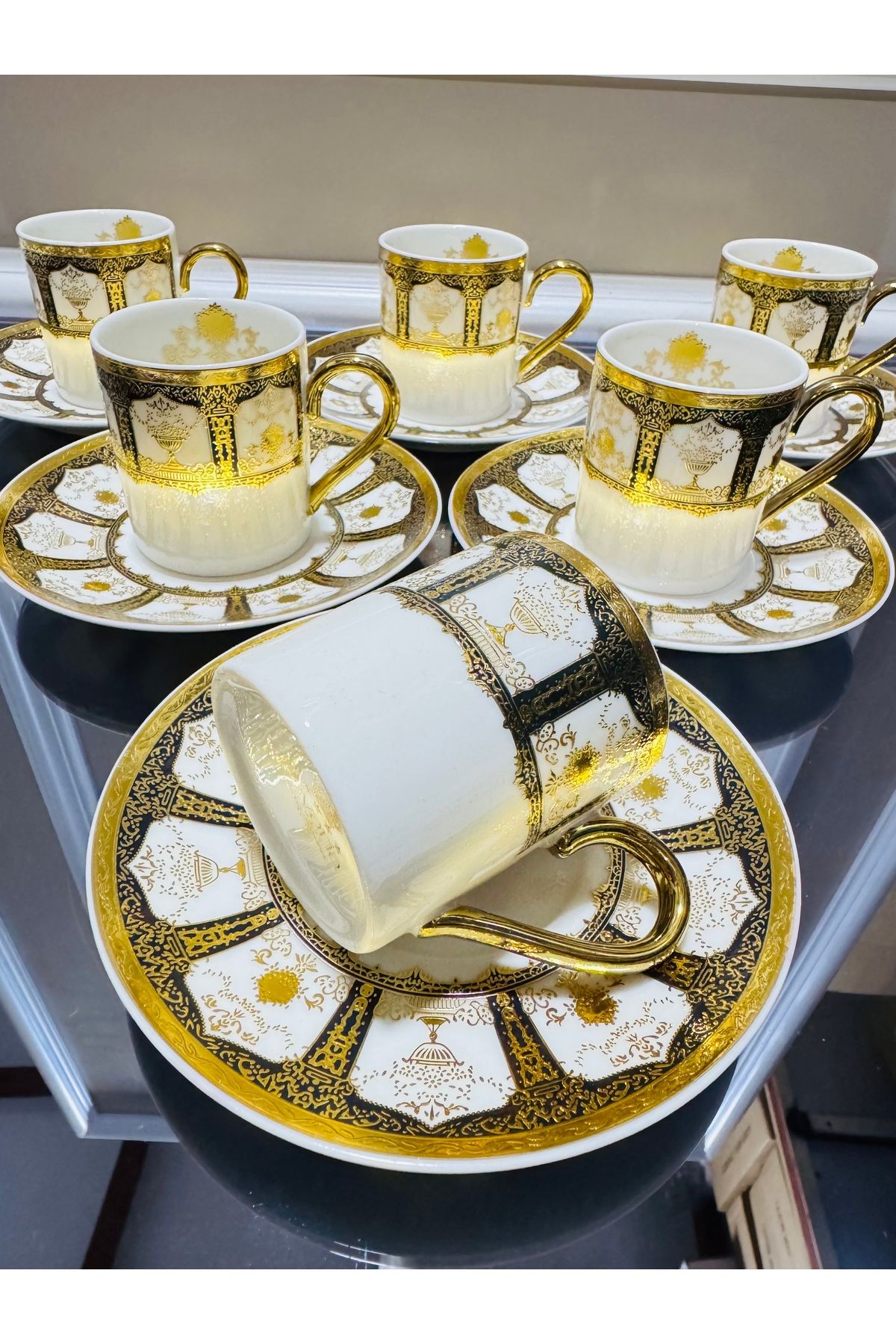 EVRA Bovaria 24K Altın Kabartma Handmade 6 Kişilik Fincan Takımı m6