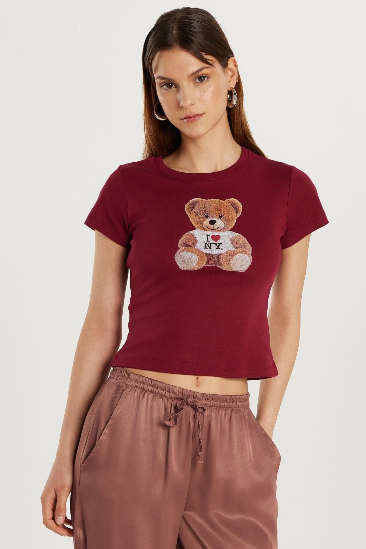 Tudors Kadın Slim Fit Dar Kesim Kısa Kollu Bisiklet Yaka Baskılı Bordo Tişört